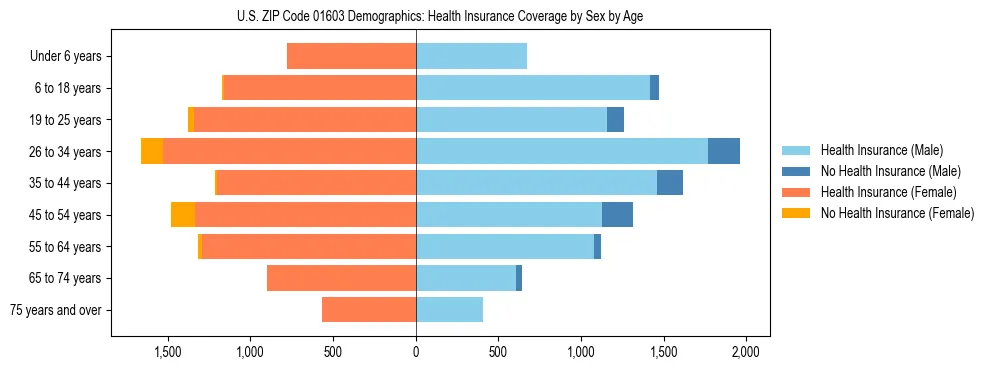 Pyramid chart showing health insurance coverage by age and sex in US ZIP Code 01603.