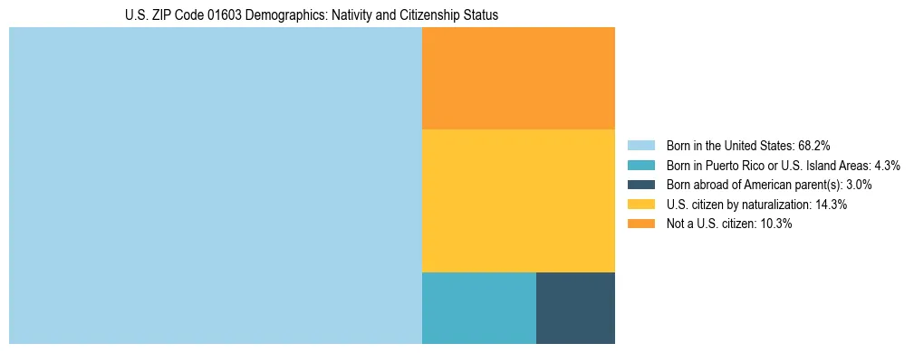 Treemap showing the population distribution by nativity and citizenship status in US ZIP Code 01603 based on U.S. Census data.
