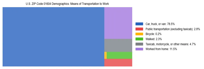Treemap showing means of transportation to work distribution in US ZIP Code 01604.