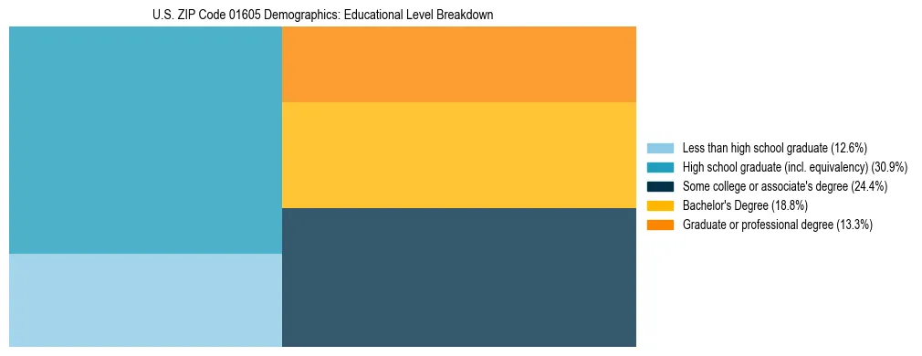Treemap chart illustrating the educational attainment breakdown for population 25 years and over in US ZIP Code 01605.