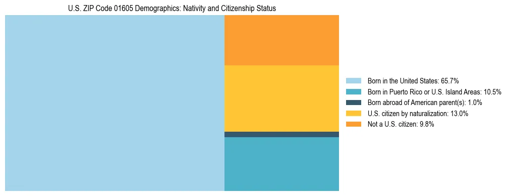 Treemap showing the population distribution by nativity and citizenship status in US ZIP Code 01605 based on U.S. Census data.