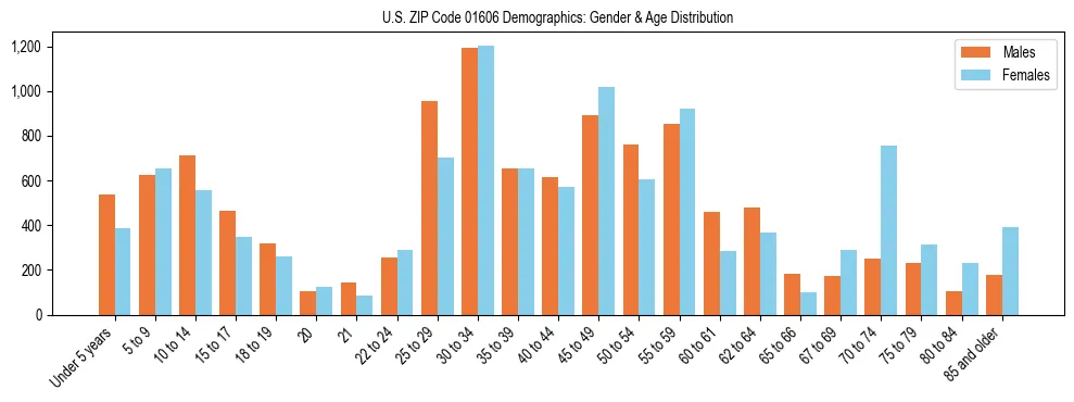 Bar chart showing the population distribution of US ZIP Code 01606 by age group and gender, based on 2023 ACS data.