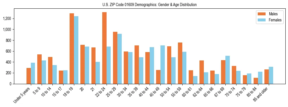 Bar chart showing the population distribution of US ZIP Code 01609 by age group and gender, based on 2023 ACS data.
