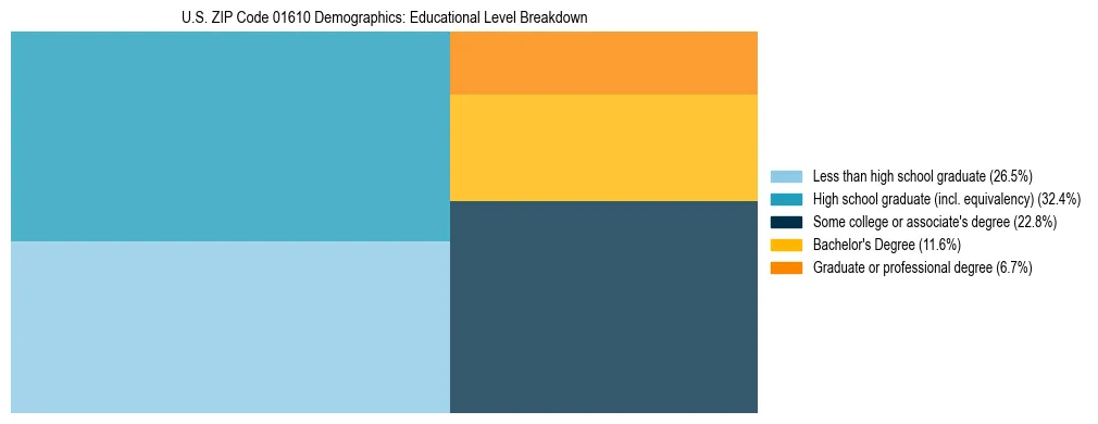 Treemap chart illustrating the educational attainment breakdown for population 25 years and over in US ZIP Code 01610.