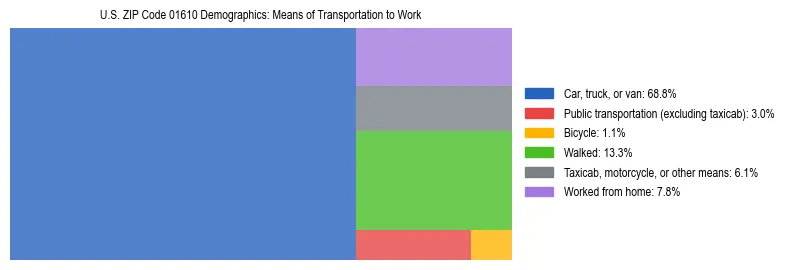 Treemap showing means of transportation to work distribution in US ZIP Code 01610.