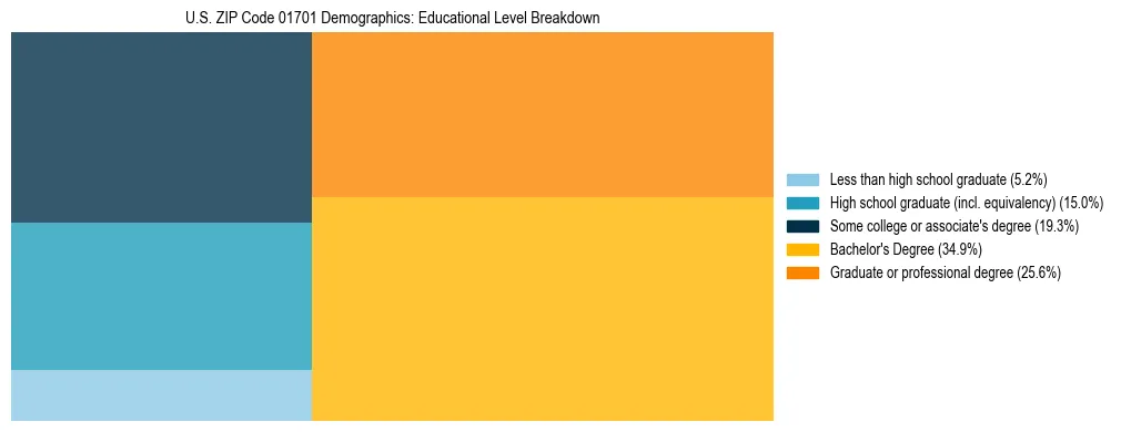 Treemap chart illustrating the educational attainment breakdown for population 25 years and over in US ZIP Code 01701.