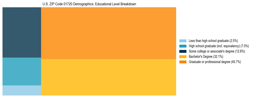 Treemap chart illustrating the educational attainment breakdown for population 25 years and over in US ZIP Code 01720.