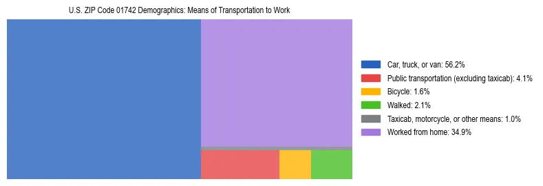 Treemap showing means of transportation to work distribution in US ZIP Code 01742.