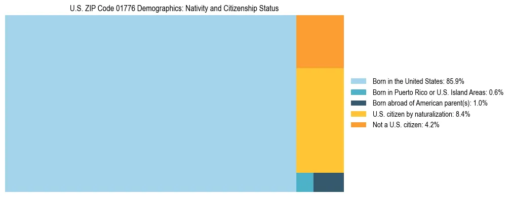 Treemap showing the population distribution by nativity and citizenship status in US ZIP Code 01776 based on U.S. Census data.