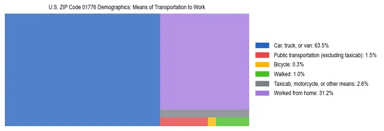 Treemap showing means of transportation to work distribution in US ZIP Code 01776.