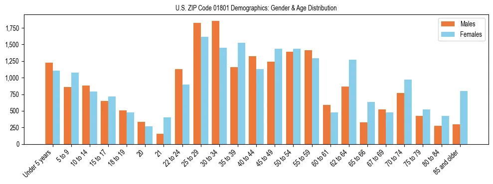 Bar chart showing the population distribution of US ZIP Code 01801 by age group and gender, based on 2023 ACS data.