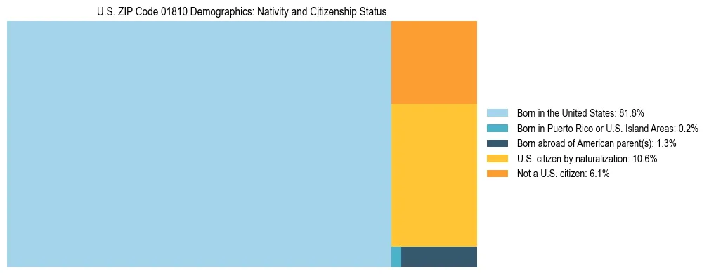 Treemap showing the population distribution by nativity and citizenship status in US ZIP Code 01810 based on U.S. Census data.