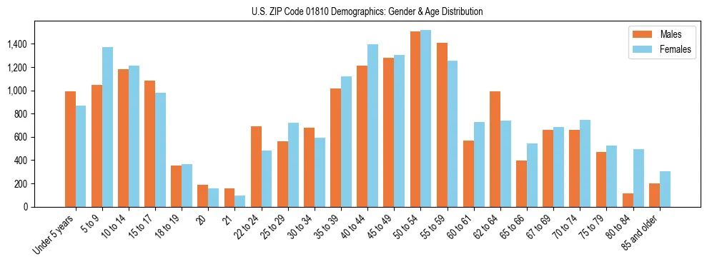 Bar chart showing the population distribution of US ZIP Code 01810 by age group and gender, based on 2023 ACS data.
