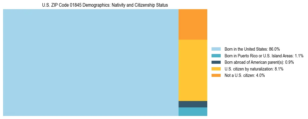 Treemap showing the population distribution by nativity and citizenship status in US ZIP Code 01845 based on U.S. Census data.
