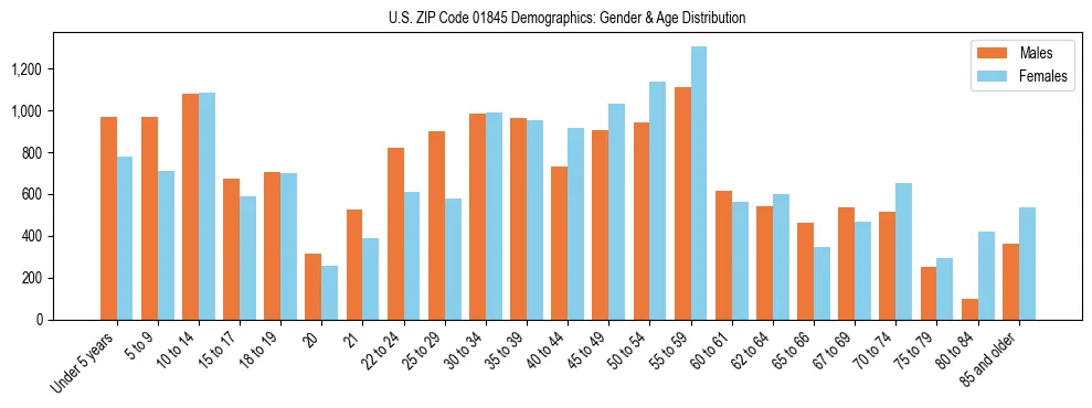 Bar chart showing the population distribution of US ZIP Code 01845 by age group and gender, based on 2023 ACS data.