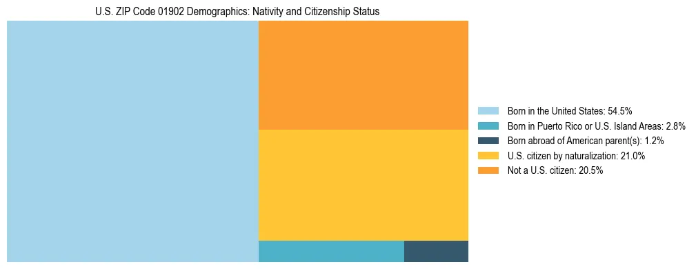 Treemap showing the population distribution by nativity and citizenship status in US ZIP Code 01902 based on U.S. Census data.