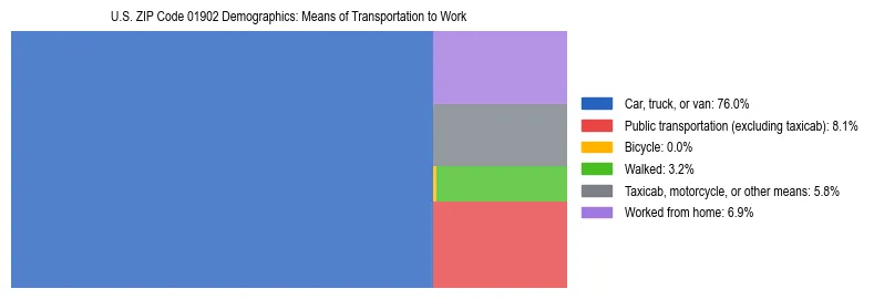 Treemap showing means of transportation to work distribution in US ZIP Code 01902.