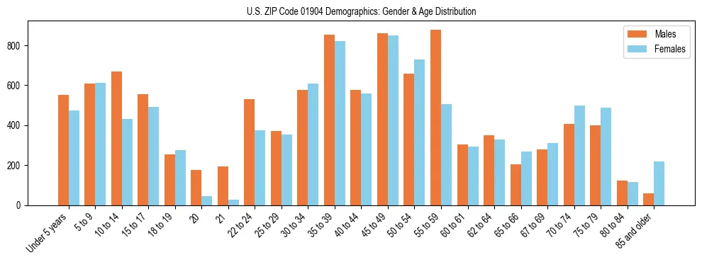 Bar chart showing the population distribution of US ZIP Code 01904 by age group and gender, based on 2023 ACS data.