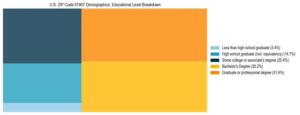 Treemap chart illustrating the educational attainment breakdown for population 25 years and over in US ZIP Code 01907.