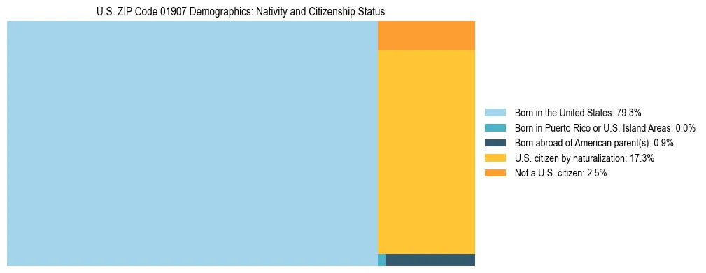 Treemap showing the population distribution by nativity and citizenship status in US ZIP Code 01907 based on U.S. Census data.
