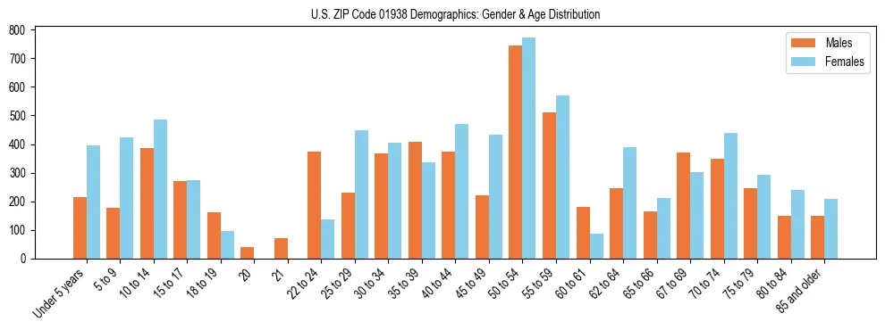 Bar chart showing the population distribution of US ZIP Code 01938 by age group and gender, based on 2023 ACS data.