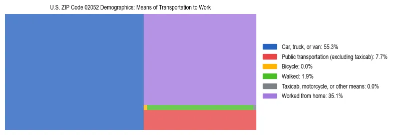 Treemap showing means of transportation to work distribution in US ZIP Code 02052.
