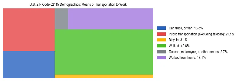 Treemap showing means of transportation to work distribution in US ZIP Code 02115.