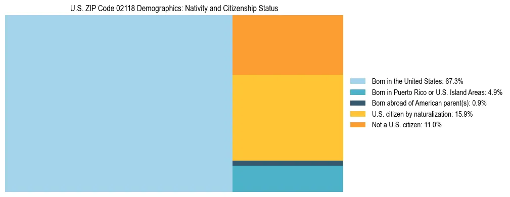 Treemap showing the population distribution by nativity and citizenship status in US ZIP Code 02118 based on U.S. Census data.