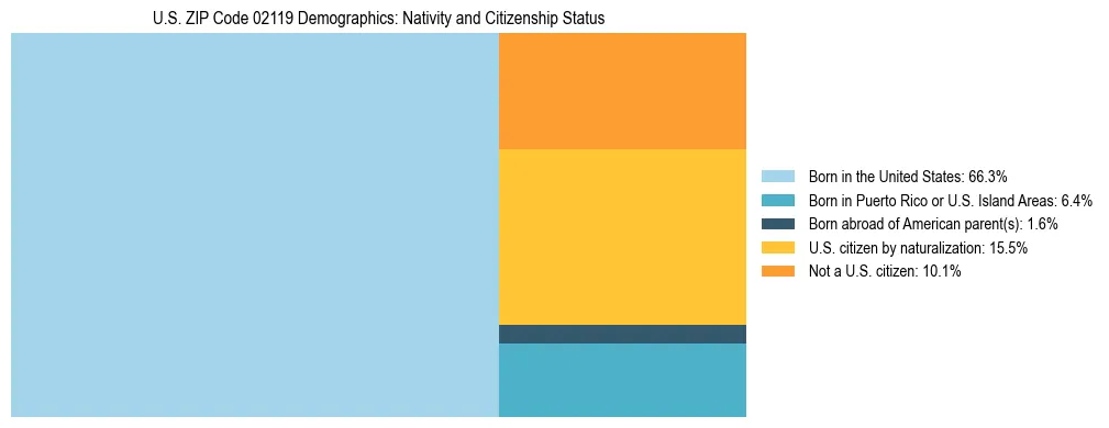 Treemap showing the population distribution by nativity and citizenship status in US ZIP Code 02119 based on U.S. Census data.