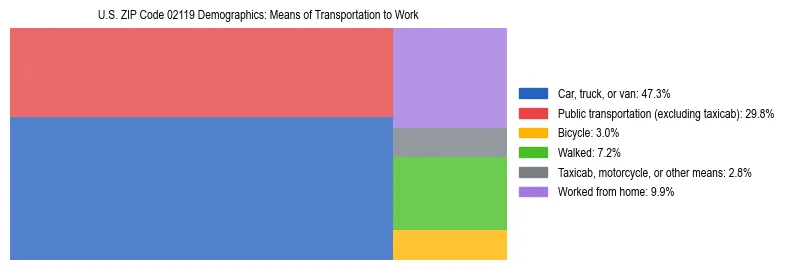 Treemap showing means of transportation to work distribution in US ZIP Code 02119.