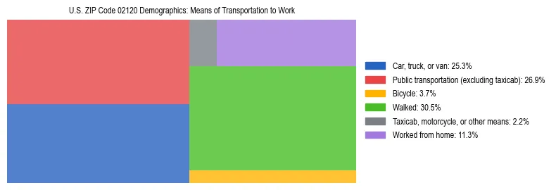 Treemap showing means of transportation to work distribution in US ZIP Code 02120.
