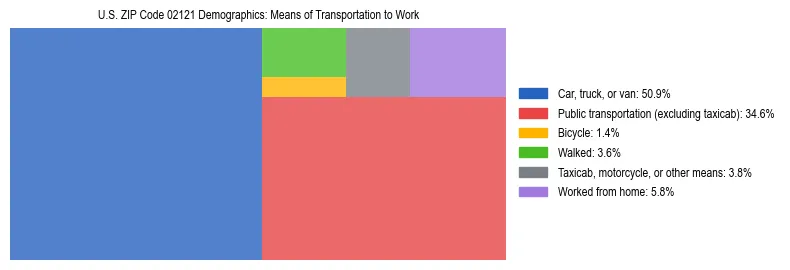 Treemap showing means of transportation to work distribution in US ZIP Code 02121.