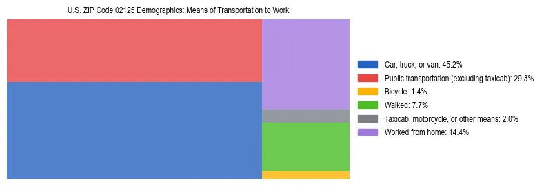 Treemap showing means of transportation to work distribution in US ZIP Code 02125.
