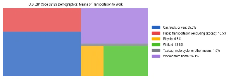 Treemap showing means of transportation to work distribution in US ZIP Code 02129.