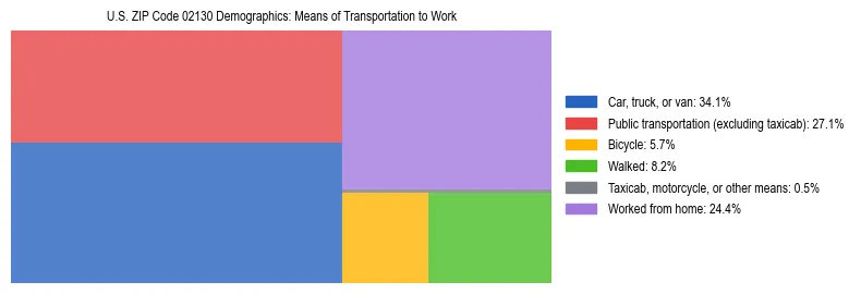 Treemap showing means of transportation to work distribution in US ZIP Code 02130.