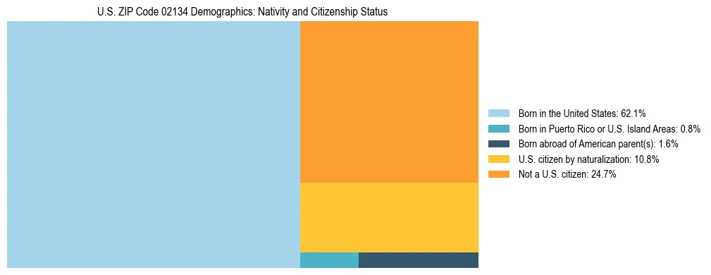 Treemap showing the population distribution by nativity and citizenship status in US ZIP Code 02134 based on U.S. Census data.