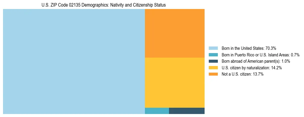 Treemap showing the population distribution by nativity and citizenship status in US ZIP Code 02135 based on U.S. Census data.