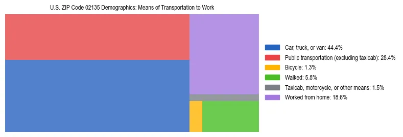 Treemap showing means of transportation to work distribution in US ZIP Code 02135.