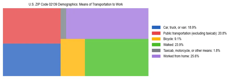 Treemap showing means of transportation to work distribution in US ZIP Code 02139.