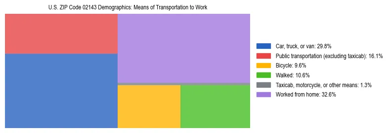 Treemap showing means of transportation to work distribution in US ZIP Code 02143.