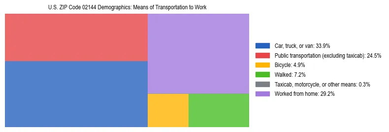 Treemap showing means of transportation to work distribution in US ZIP Code 02144.