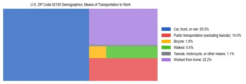 Treemap showing means of transportation to work distribution in US ZIP Code 02155.