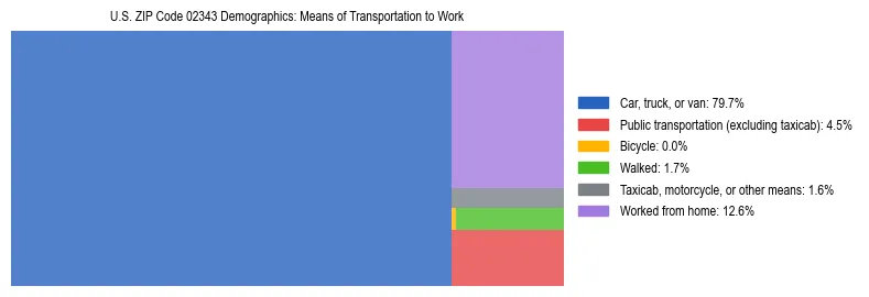 Treemap showing means of transportation to work distribution in US ZIP Code 02343.