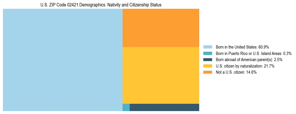 Treemap showing the population distribution by nativity and citizenship status in US ZIP Code 02421 based on U.S. Census data.