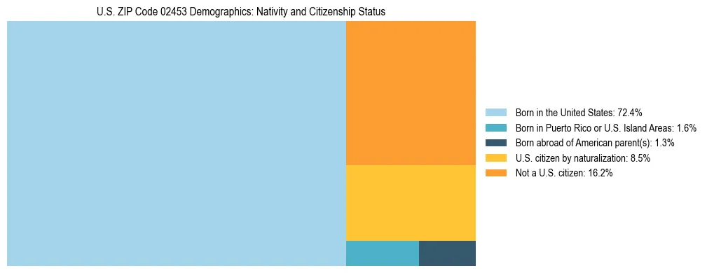 Treemap showing the population distribution by nativity and citizenship status in US ZIP Code 02453 based on U.S. Census data.