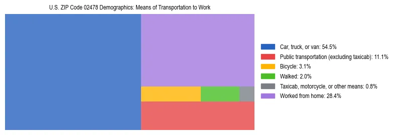 Treemap showing means of transportation to work distribution in US ZIP Code 02478.