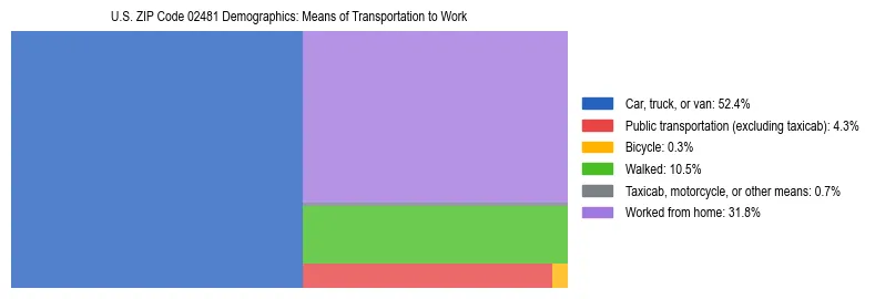 Treemap showing means of transportation to work distribution in US ZIP Code 02481.