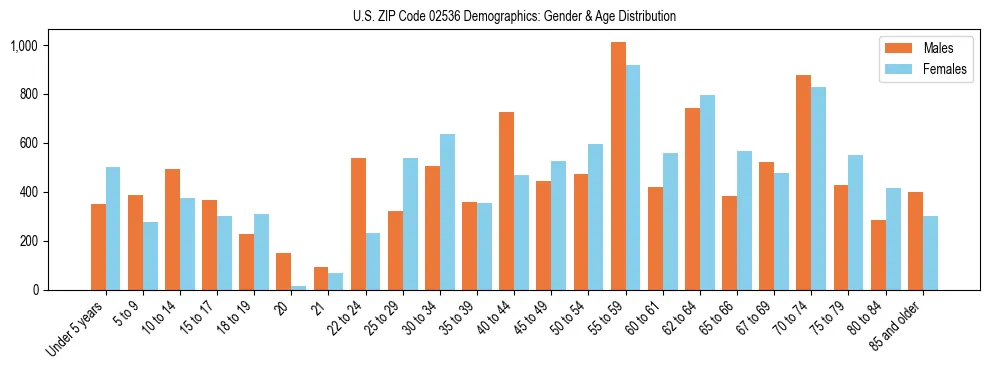Bar chart showing the population distribution of US ZIP Code 02536 by age group and gender, based on 2023 ACS data.
