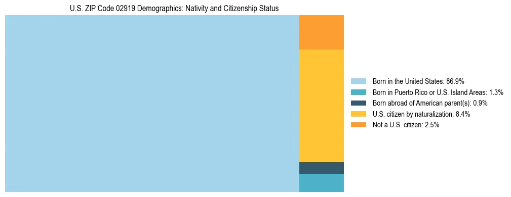 Treemap showing the population distribution by nativity and citizenship status in US ZIP Code 02919 based on U.S. Census data.