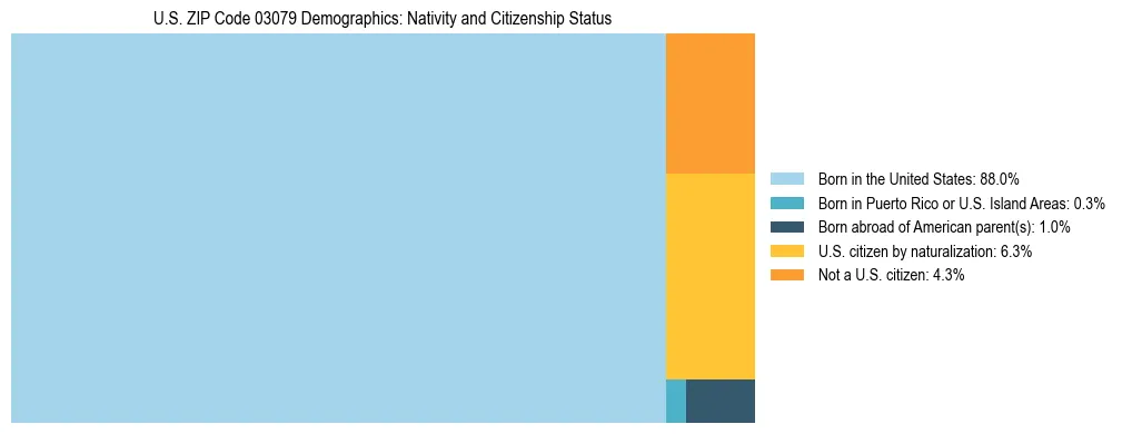 Treemap showing the population distribution by nativity and citizenship status in US ZIP Code 03079 based on U.S. Census data.